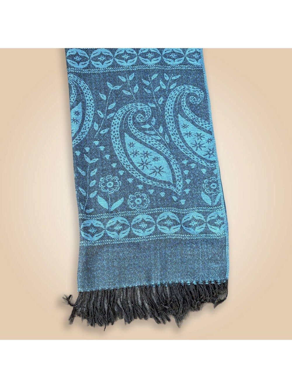 Blue and Black Paisley Pattern Acrylic Scarf with Fringe